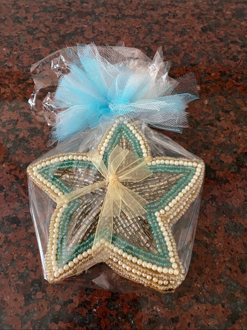 Pier 1 Beaded Star Ornament in Turquoise, Gold, Pearl